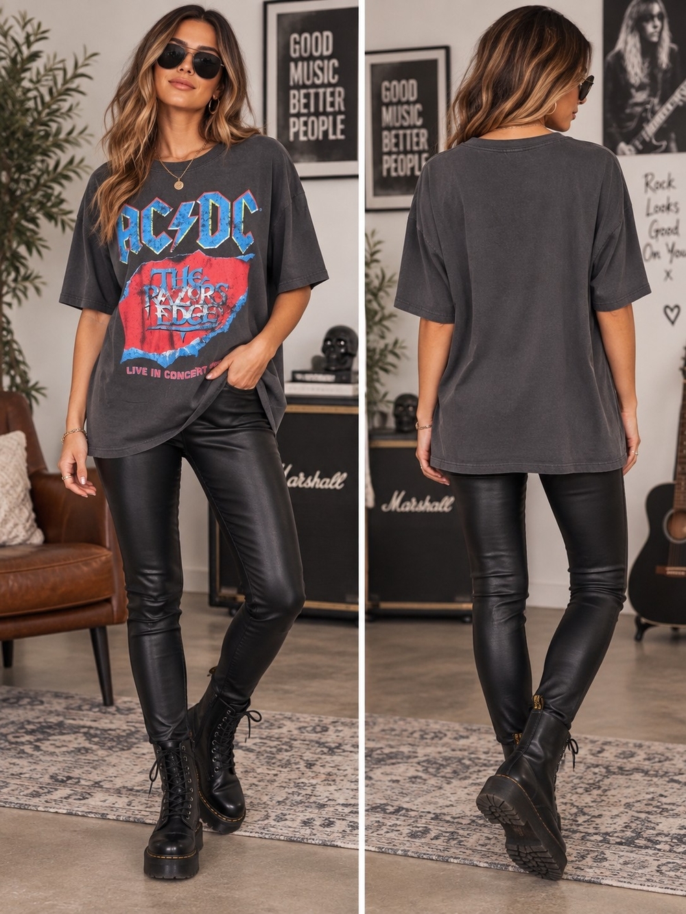 H&M Charcoal AC/DC Graphic Tee with Blue and Red Print